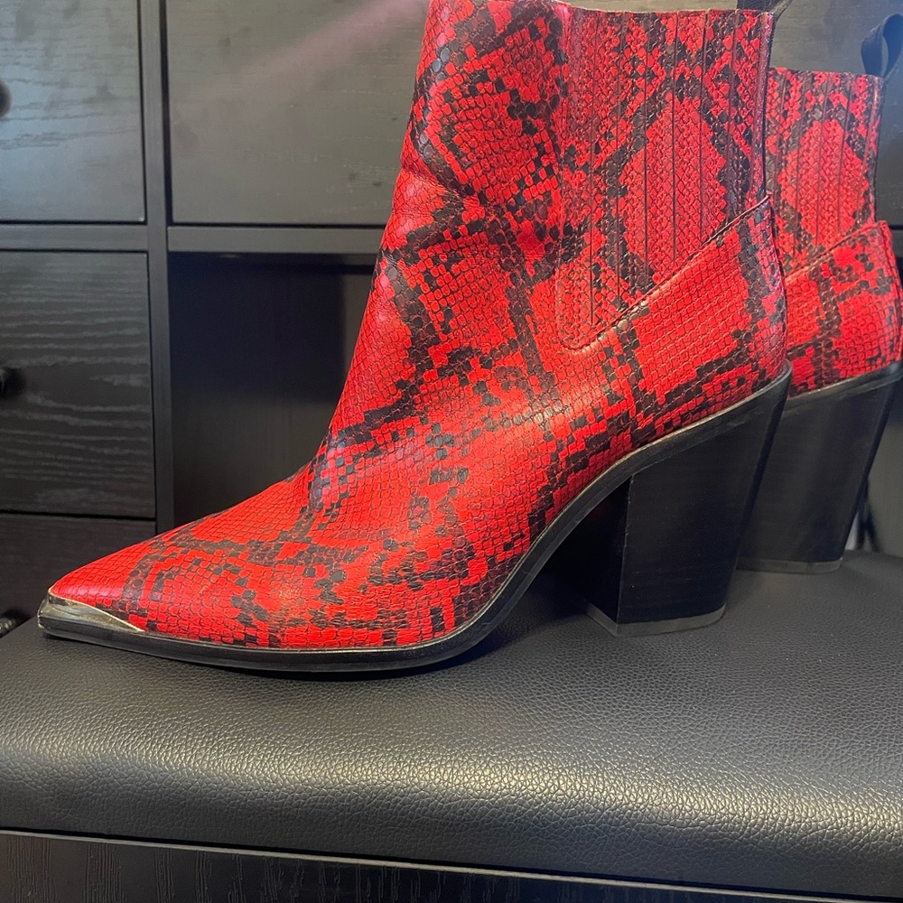 Red Snake Print Ankle Boots